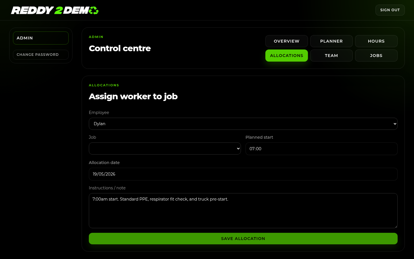 Reddy2Demo job allocations