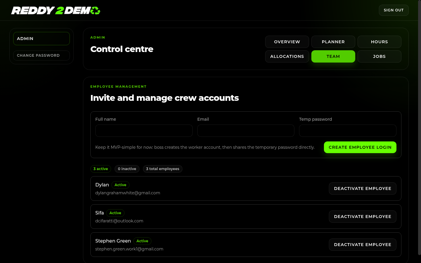 Reddy2Demo team management